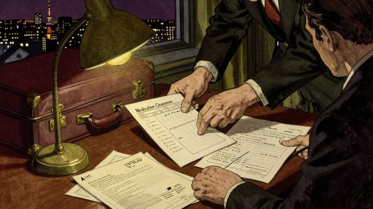 A traveler organizing prescriptions and official documents at a hotel desk with a checklist.