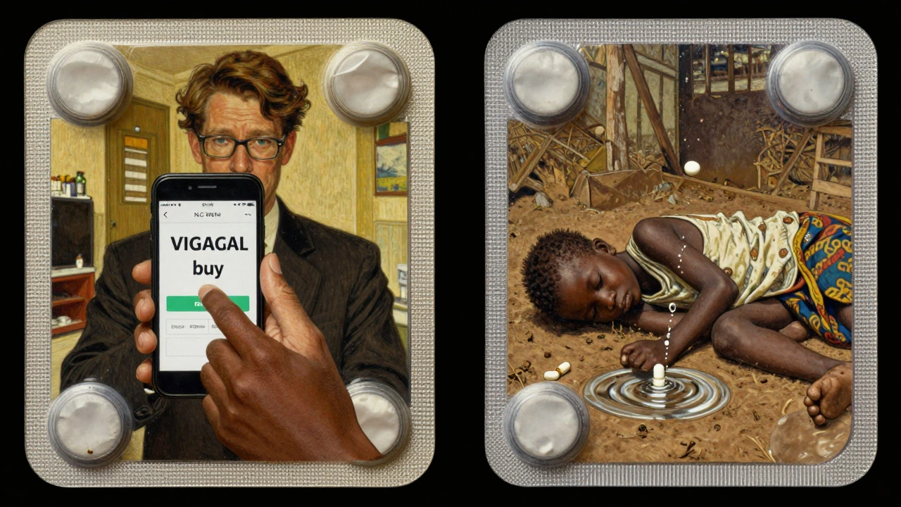 A Western shopper buys fake pills online while a child in Africa collapses from counterfeit antibiotics — identical packaging, divergent fates.