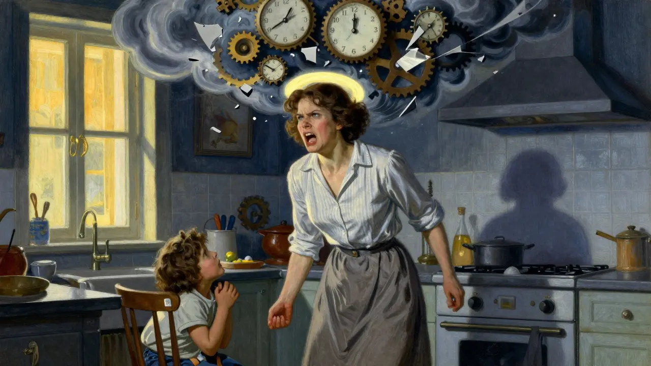 A woman snaps in anger in a kitchen while a child hides, surrounded by surreal symbols of hormonal chaos.