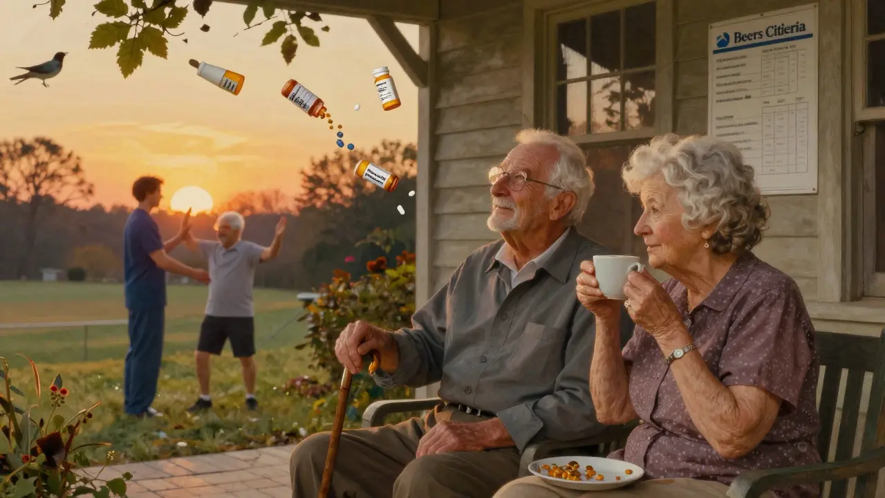 An elderly couple on a porch as risky pills dissolve into nature, with physical therapy in the background.
