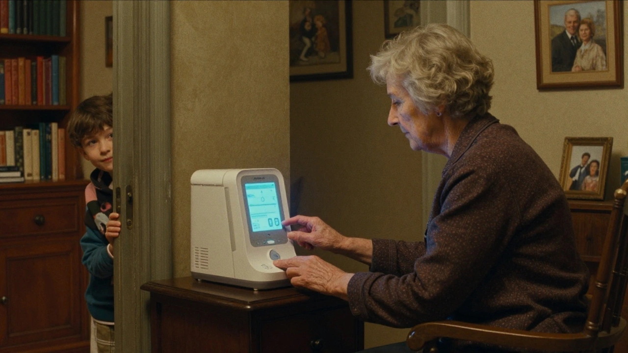 An elderly woman using a digital medicine dispenser as a child watches from afar.