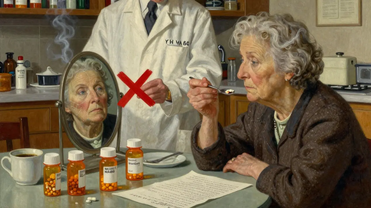 An older woman confused by her medications, with a pharmacist marking one for removal on a cluttered table.