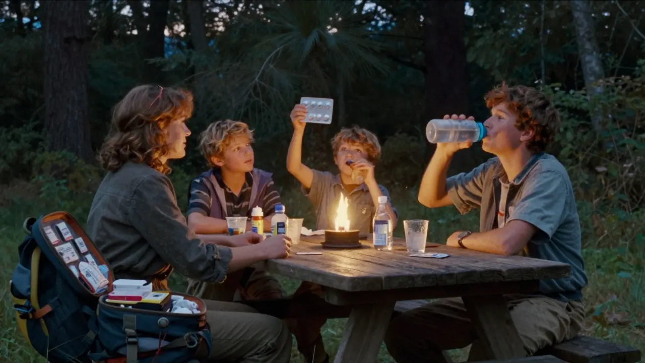 Child proudly holding empty tablet pack during camping trip at dusk with family