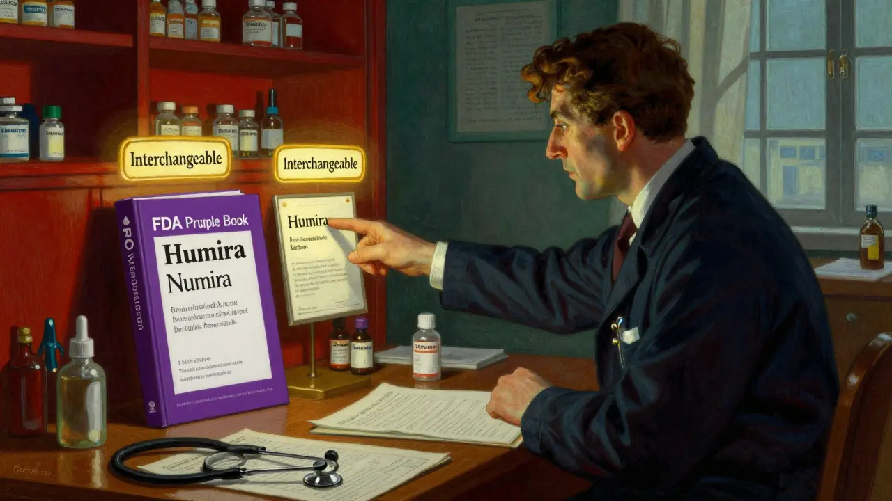 Clinician examining the FDA Purple Book comparing Humira with its interchangeable biosimilar.
