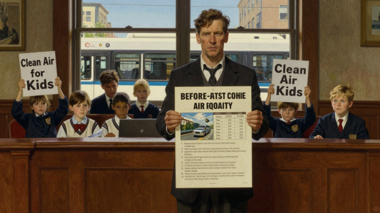 Community advocate speaking at city council meeting with children holding signs for clean air, electric buses visible outside.