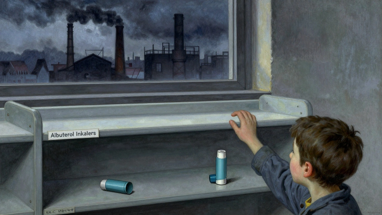 Empty hospital shelf with a broken inhaler as factories close in the distance, a child reaches for it.