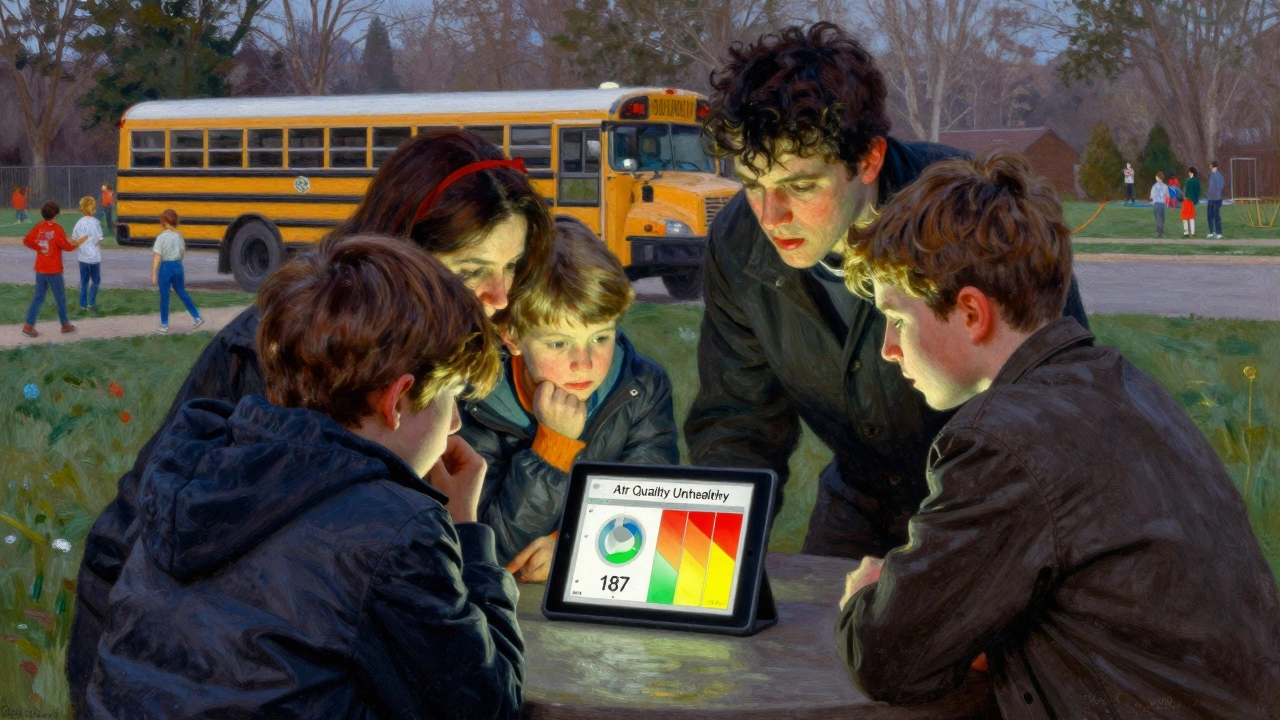 Family viewing Air Quality Index on tablet, debating outdoor activity as a school bus idles near a playground.