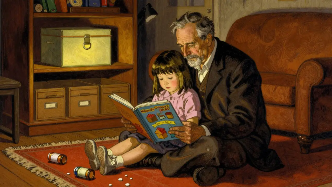 Grandfather and granddaughter read a safety storybook together, with a locked box visible on the shelf behind them.