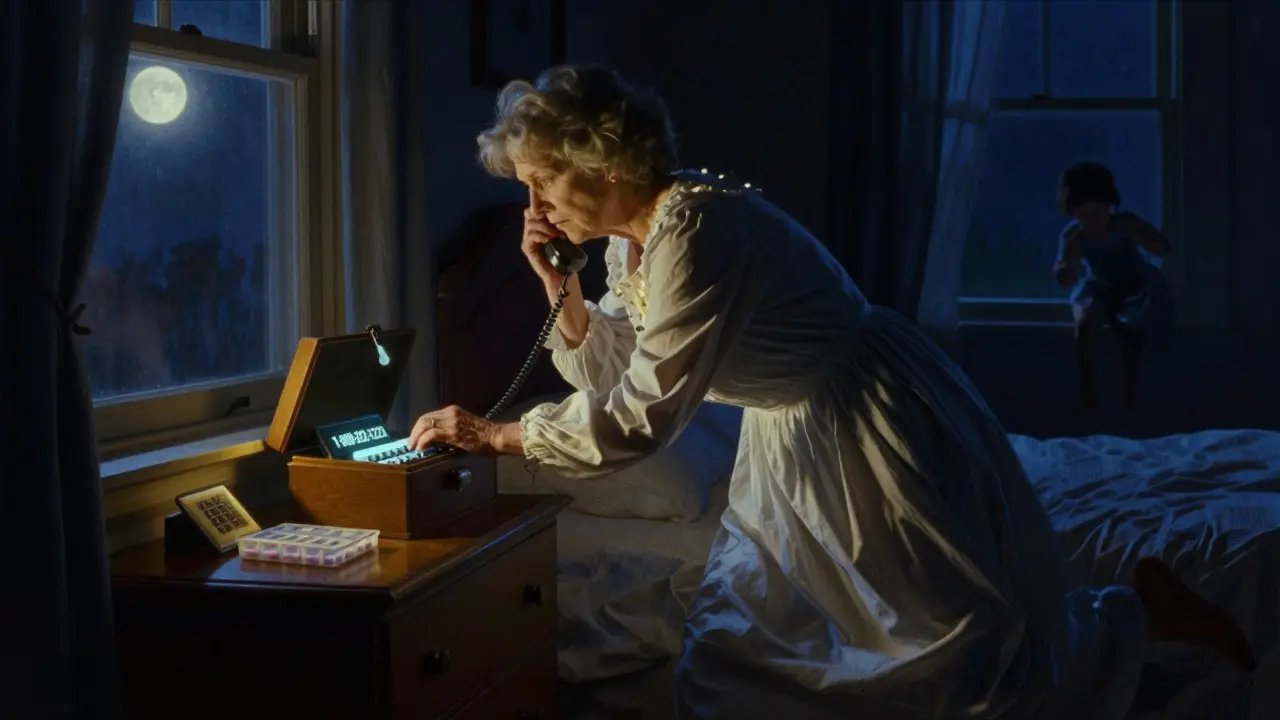 Grandmother answers the phone at night, holding a locked medicine box as a child peeks through the curtain.