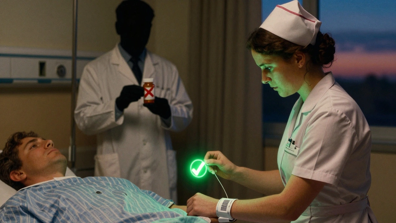 Nurse scanning a barcode at the bedside with a green checkmark glowing in dim hospital light.