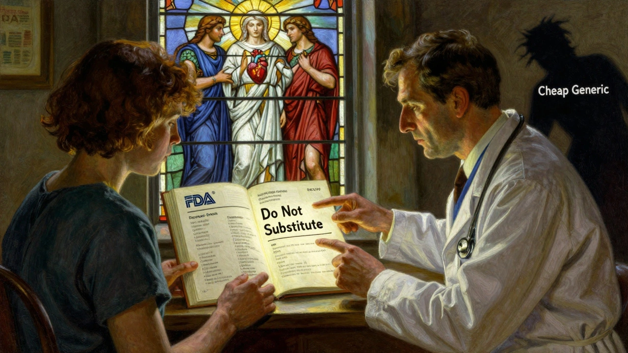 Patient and doctor reviewing FDA drug guide with heroic figures in background, symbolizing safe medication choices.