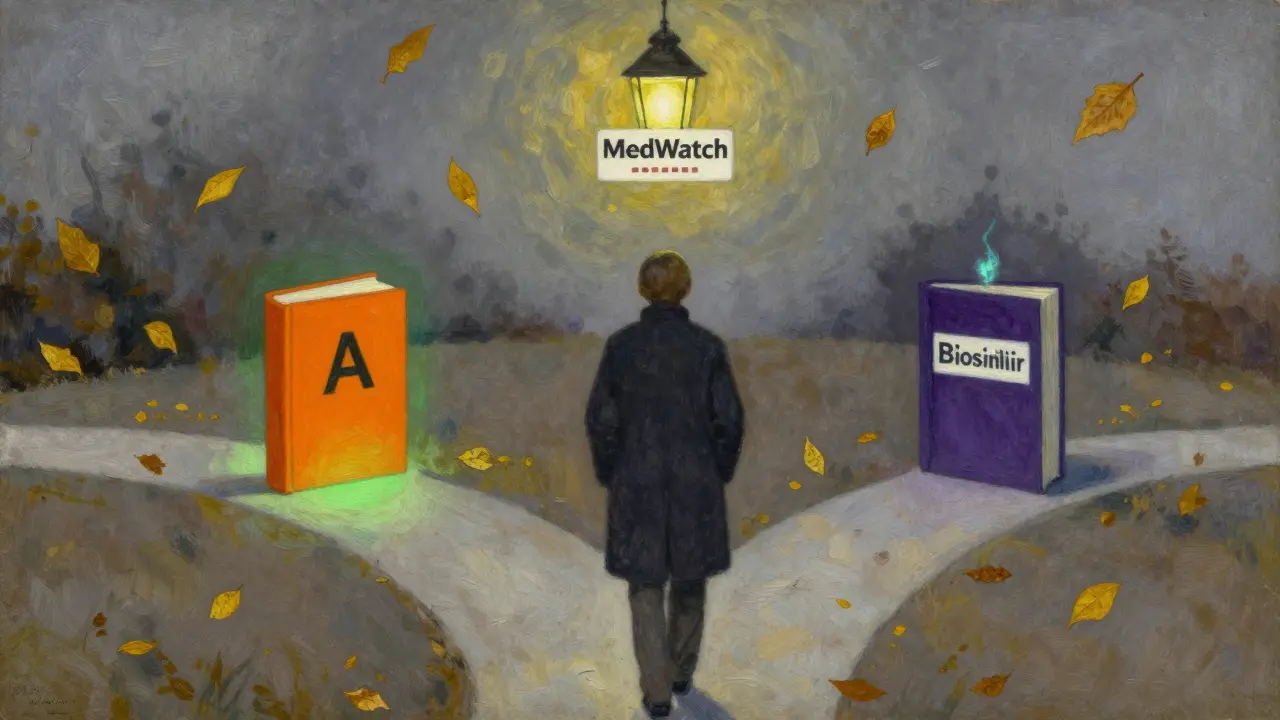 Patient at a crossroads between safe generic and biosimilar options, with MedWatch alert above.
