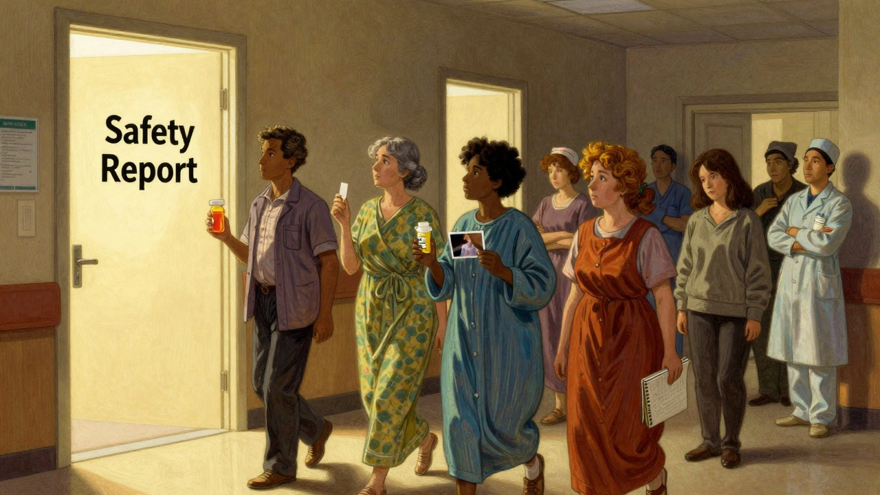 Patients walk toward a safety reporting door in a hospital hallway, each carrying evidence of an error.