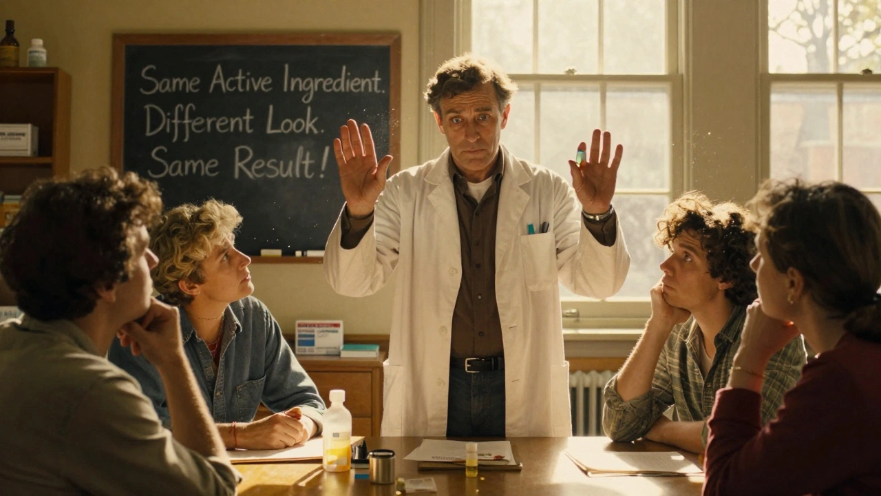 Pharmacist explains generic vs. brand pills to a group of curious patients, sunlight streaming through windows.