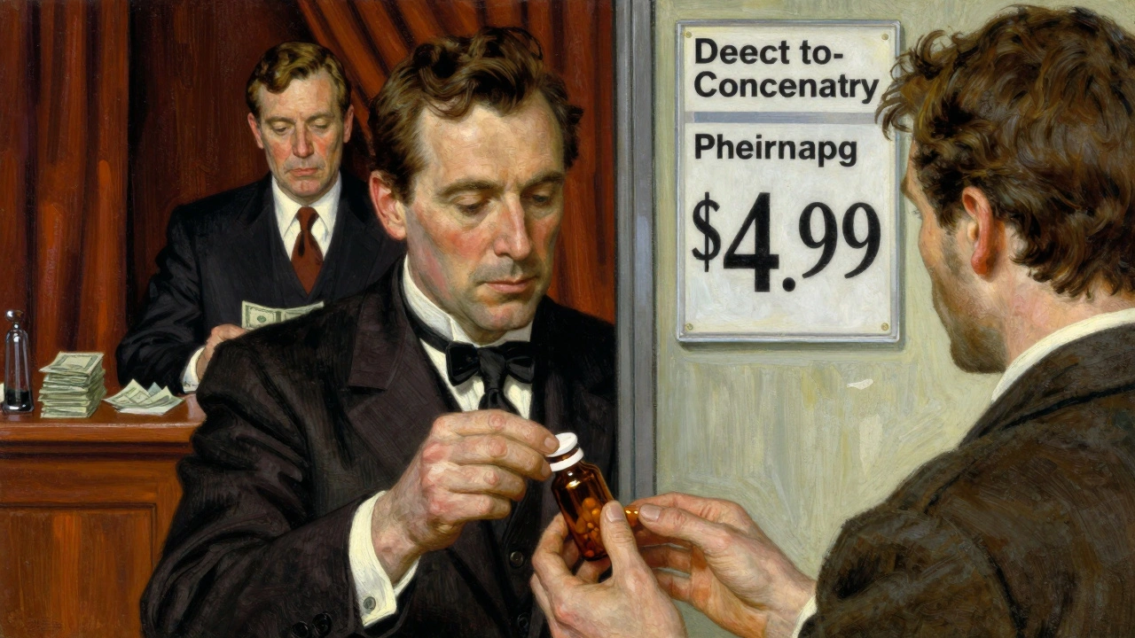 Pharmacist giving a pill bottle while behind, one scene shows secret profits and another shows a .99 cash price.