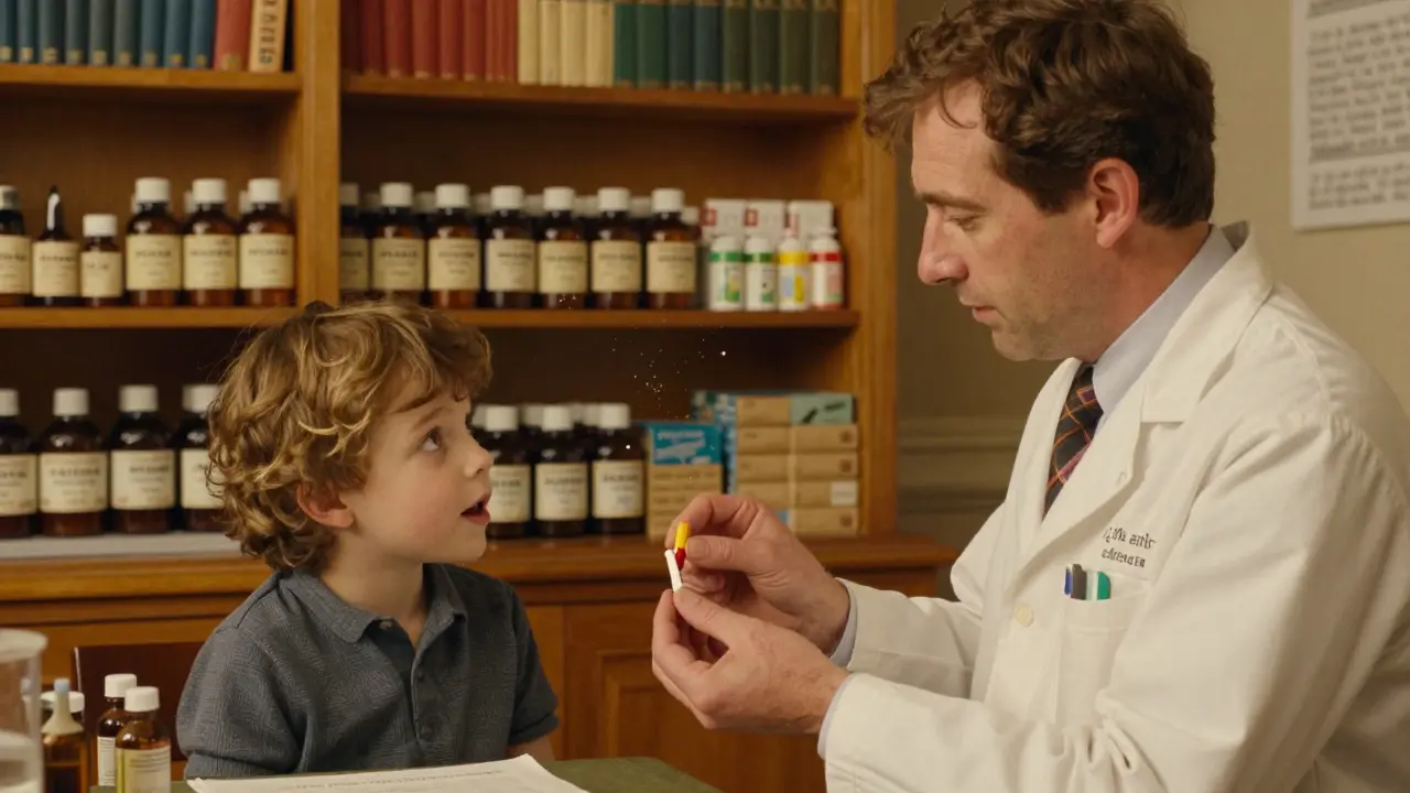 Pharmacist giving child a mini-tablet, parent watching, shelves of medicines behind