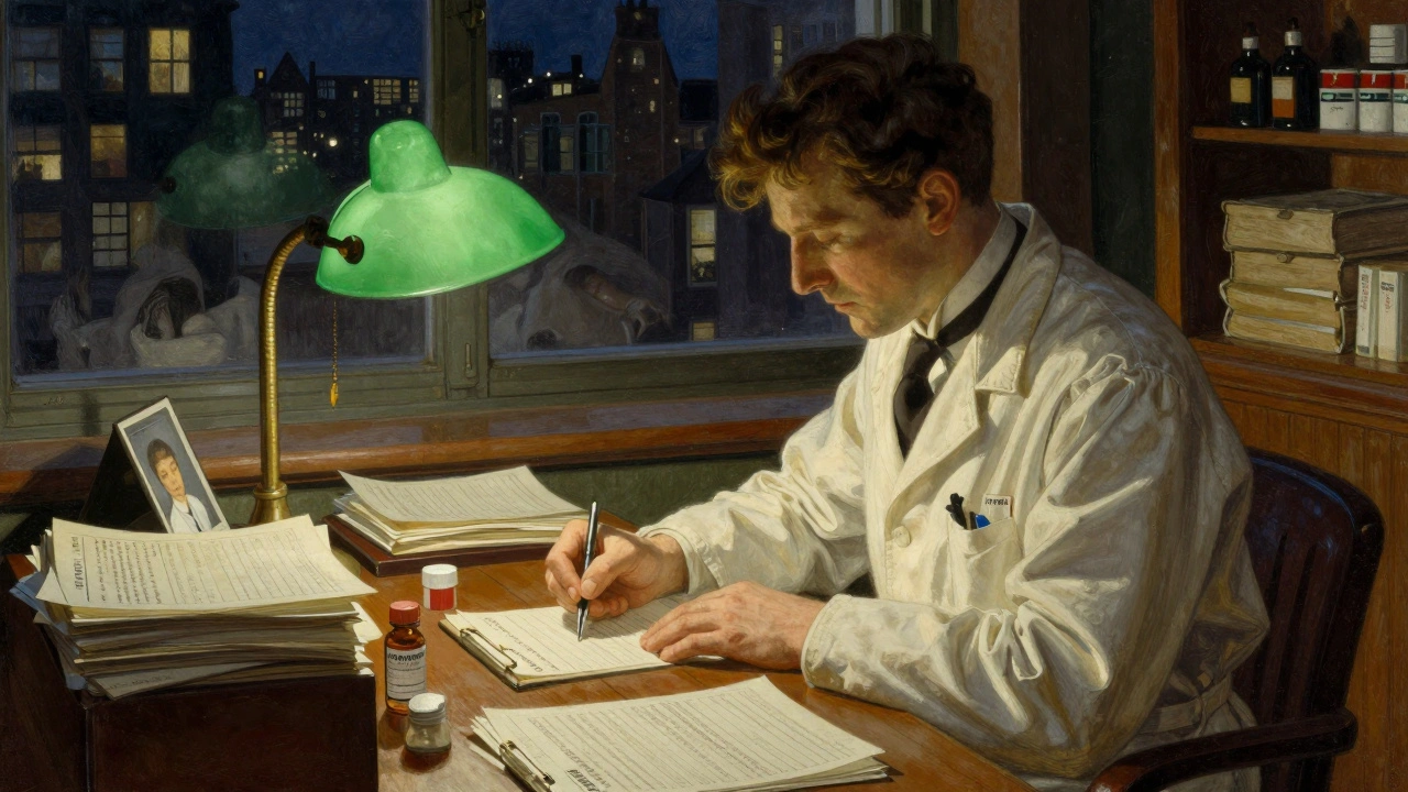 Pharmacist writing a careful note at night under a lamplight, surrounded by medical files and a vial of medication.
