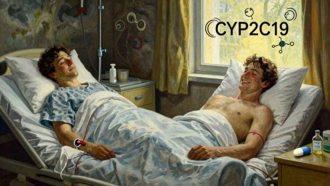 Split scene: one side shows a dangerous blood clot, the other a healthy patient with pantoprazole, representing treatment outcomes.