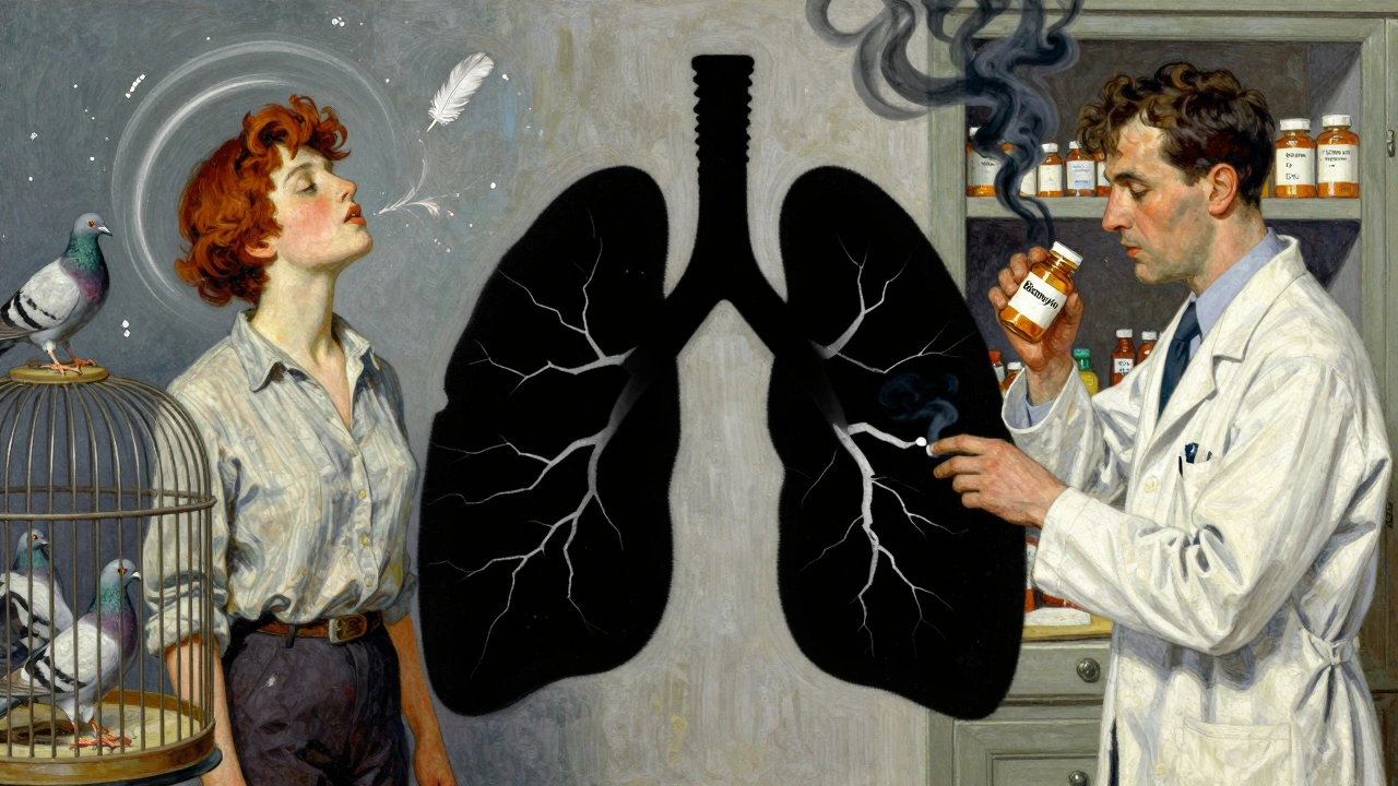 Split scene: one side shows bird exposure, the other drug ingestion, both harming the lungs.