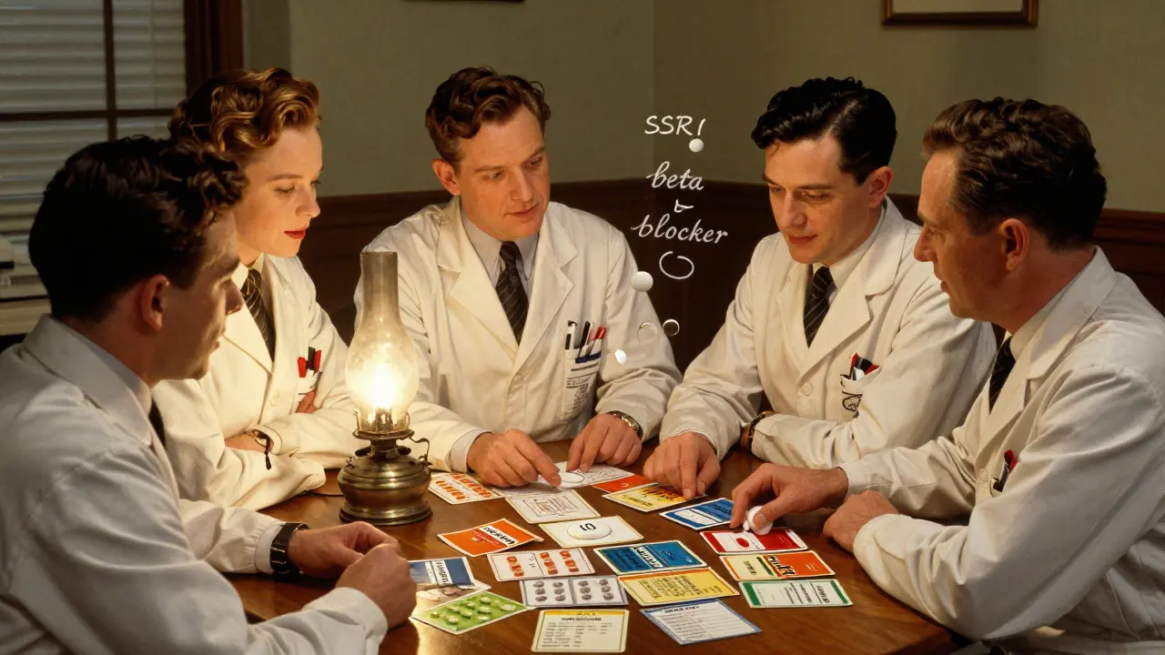 Technicians studying drug flashcards at a wooden table with glowing classifications floating in the air.