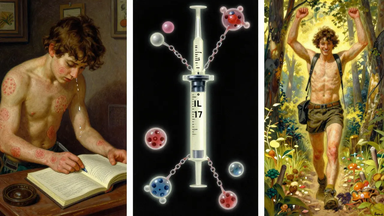 Three scenes: suffering, treatment, and recovery — showing transformation from pain to vitality in painterly style.