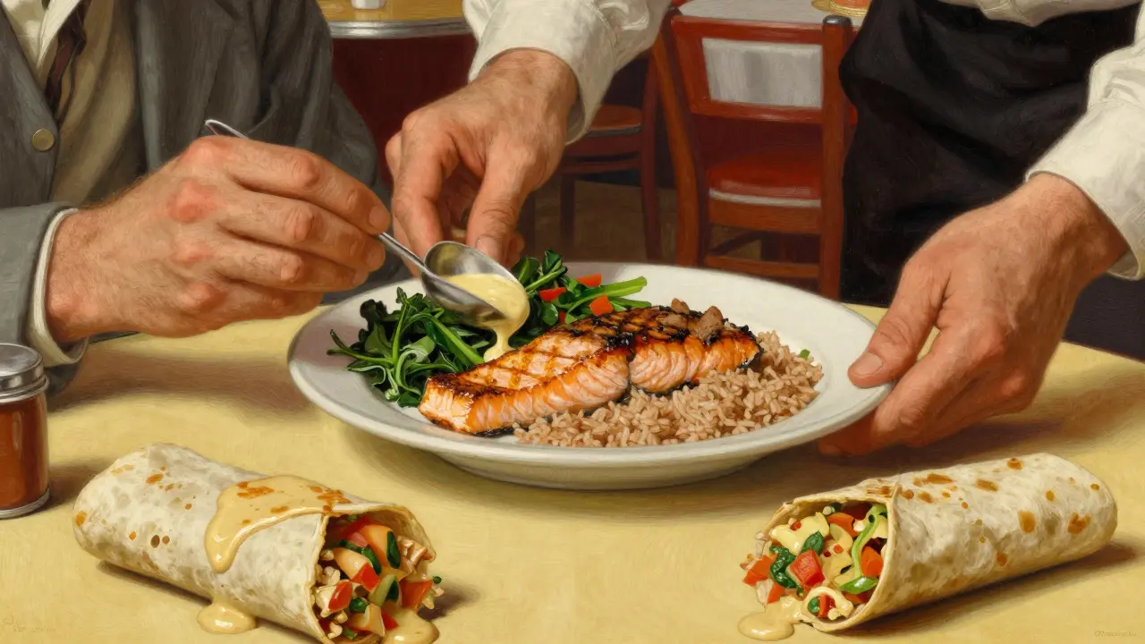 Traveler at a restaurant asking for dressing on the side, enjoying a balanced grilled salmon bowl.