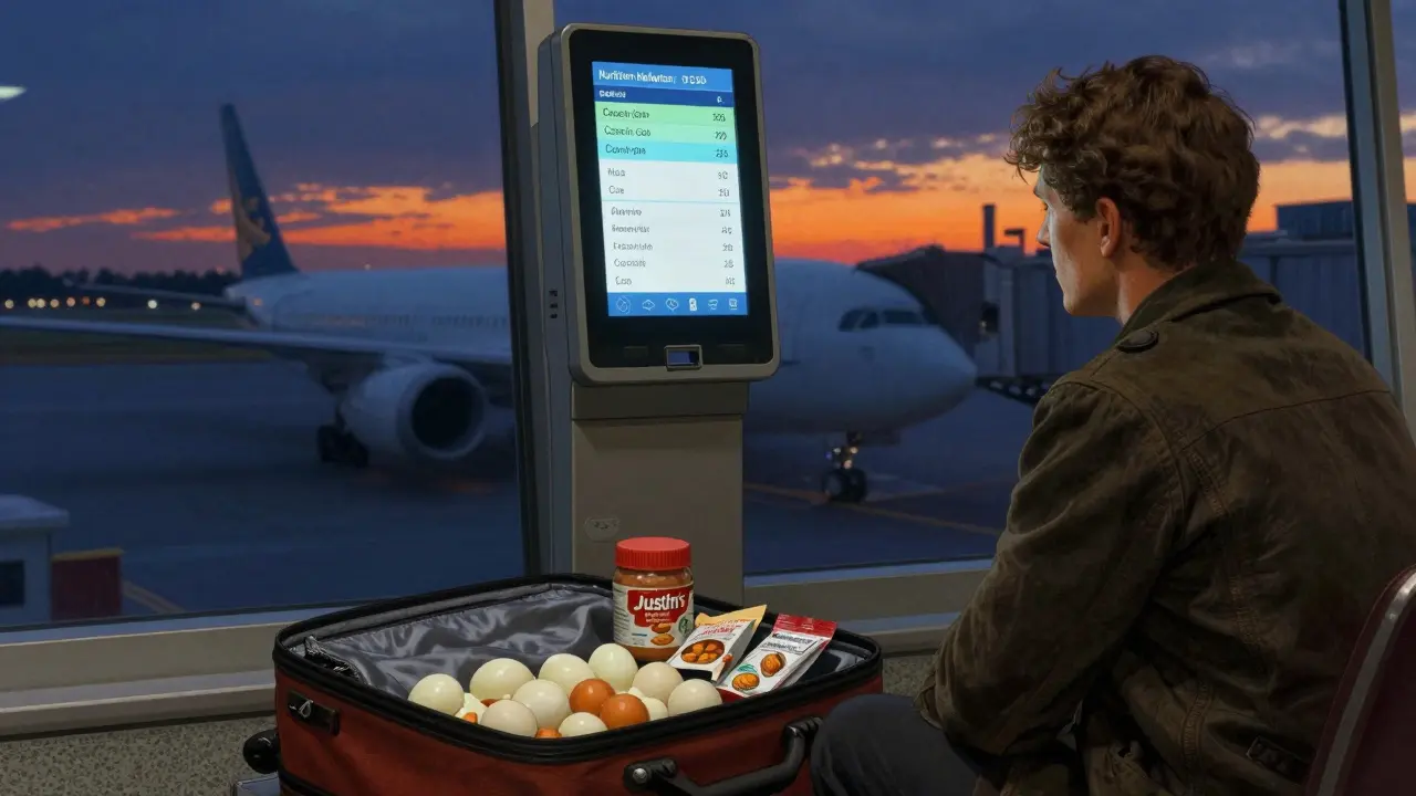 Traveler at an airport gate with healthy snacks laid out, digital nutrition kiosk glowing softly in the background.