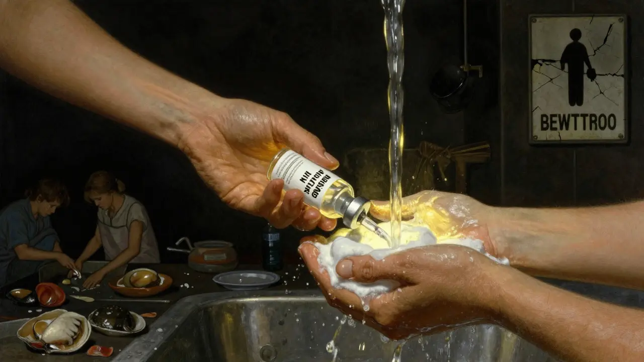 Two hands—one holding a vaccine, the other washing—with golden light battling shadows of foodborne danger.