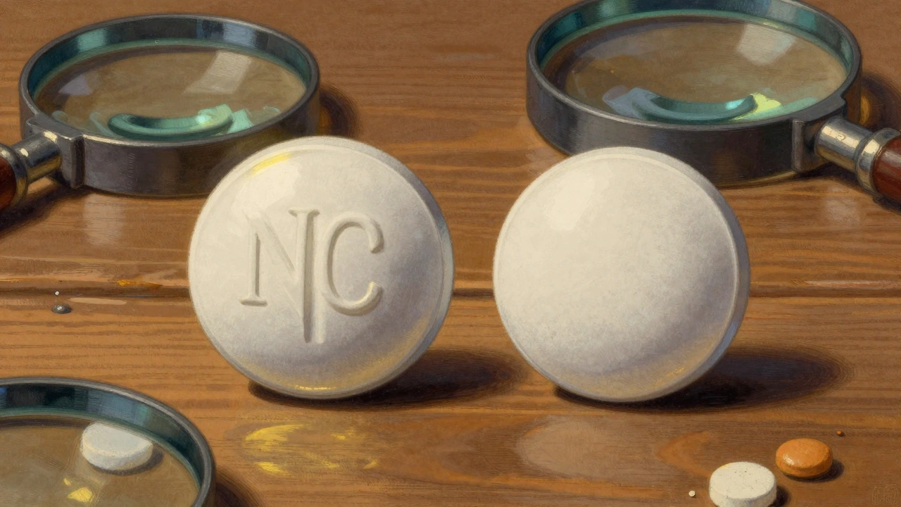 Two pills side by side under magnifying glasses, showing hidden differences in composition and coating.