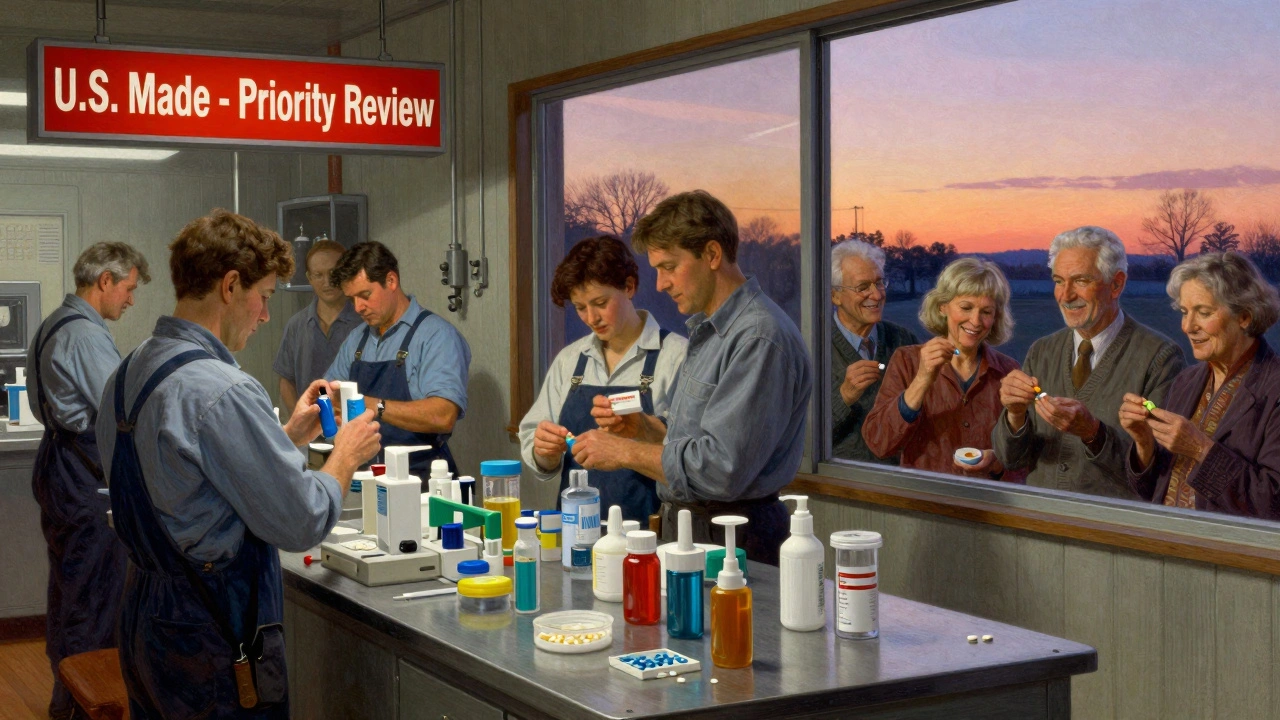 Workers assemble complex generics in a U.S. factory at dawn, while elderly patients happily use simplified medication regimens outside.