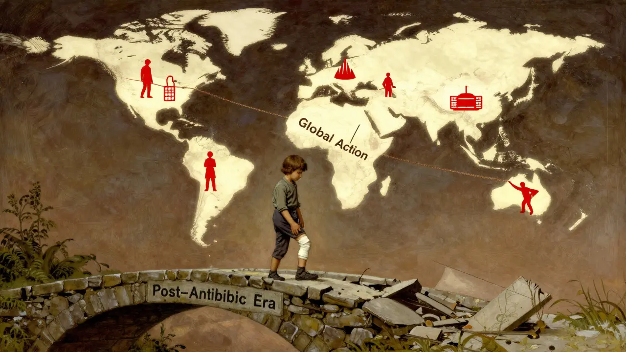 A child stands at the edge of a crumbling bridge labeled 'Post-Antibiotic Era' as a fractured world collapses behind.