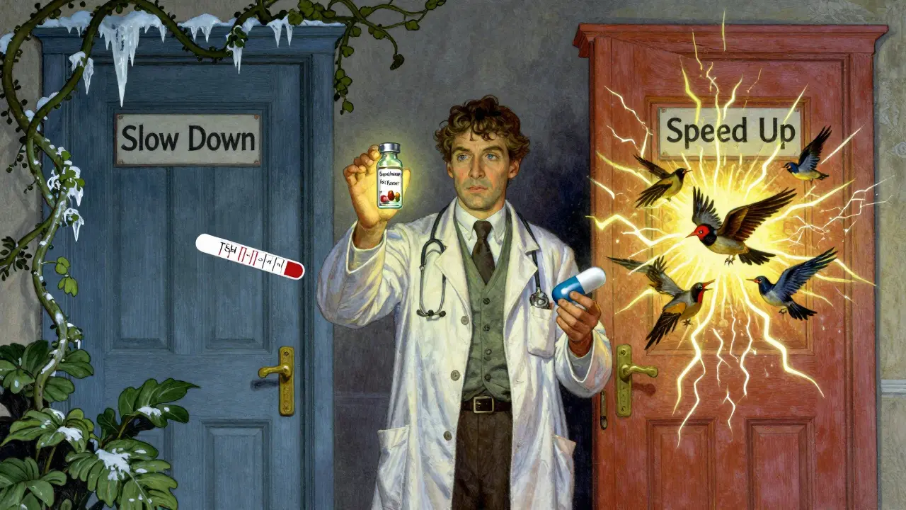 A doctor holding thyroid treatment vials between two symbolic doors, with glowing lab values floating in the air.