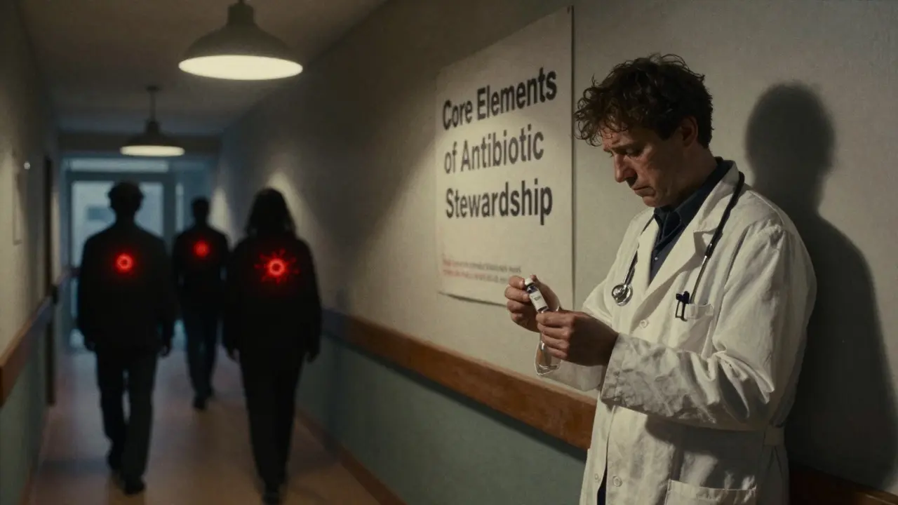 A doctor holds an empty antibiotic vial in a dim hospital corridor as shadowy patients fade into darkness.