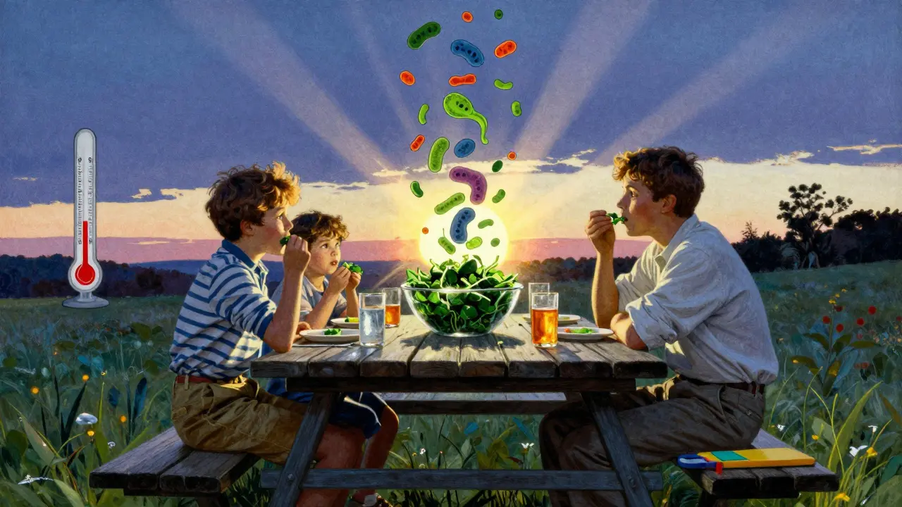 A family eats spinach at a picnic as harmful bacteria swirl above the salad, sunset in background.