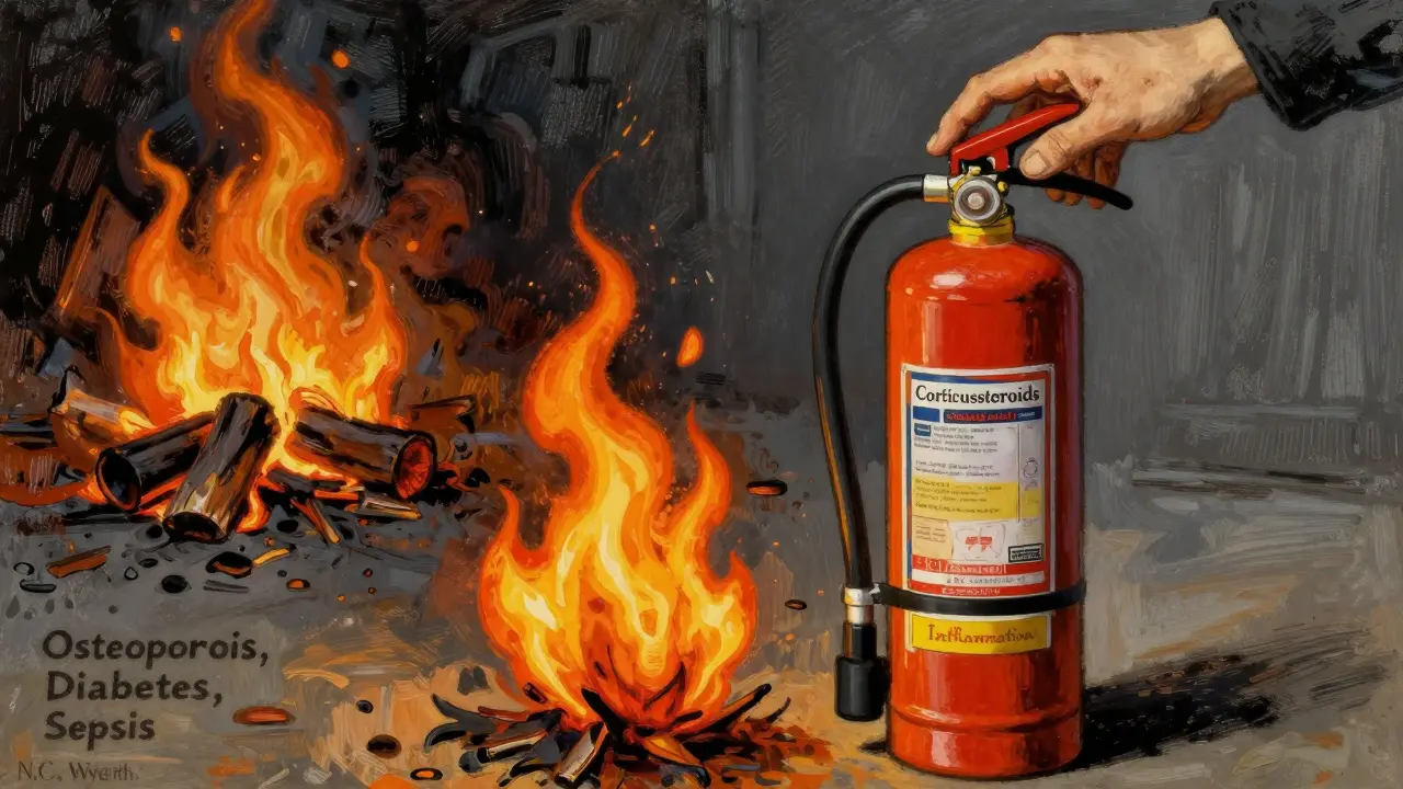 A fire extinguisher labeled 'Corticosteroids' puts out inflammation, but new fires of side effects smolder in the background.