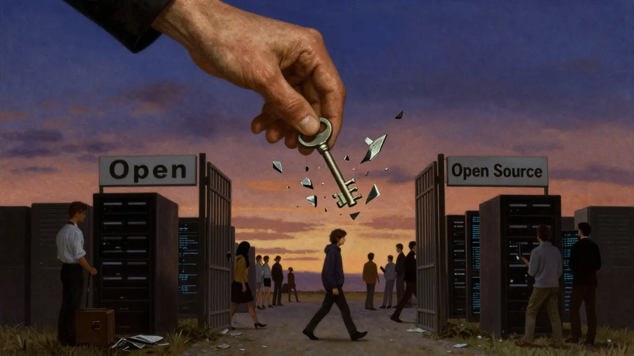 A giant monopoly key shatters as a developer walks through an open gate into a world of global coders building a new digital infrastructure.