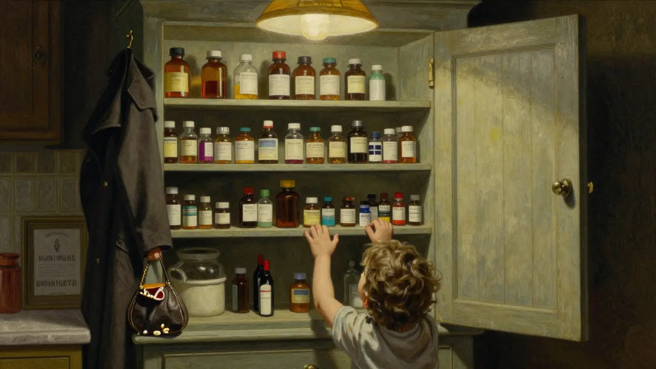 A locked kitchen cabinet with medicine stored safely out of reach, a child looking up from below.