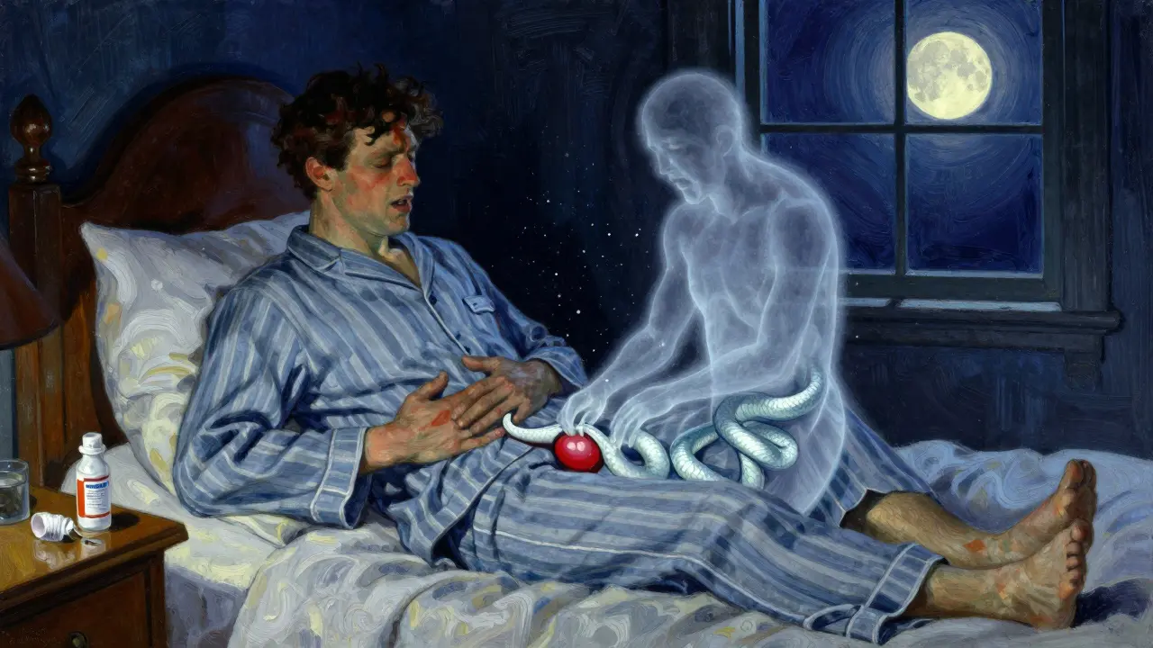 A man in pajamas clutches his abdomen at night, haunted by a ghostly serpent constricting his bladder.