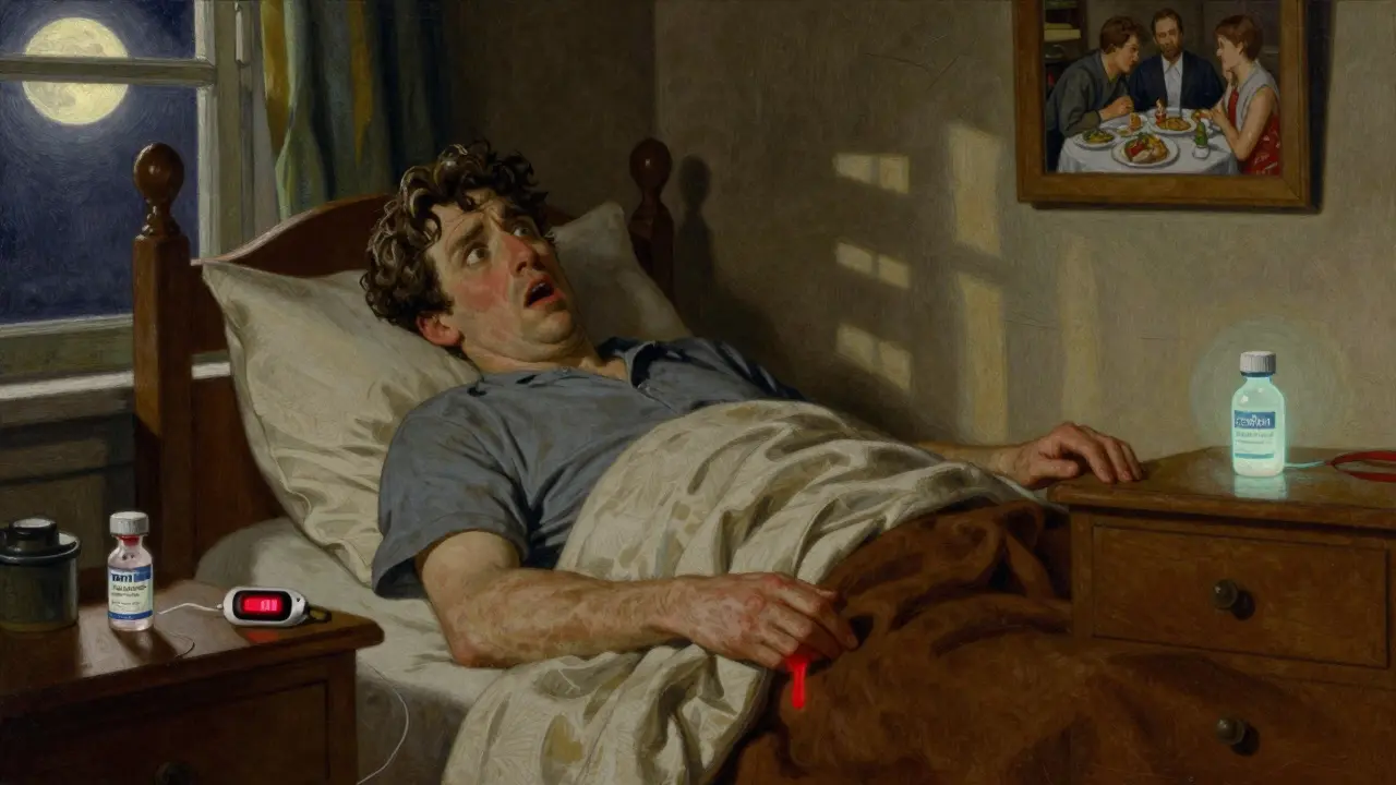 A man waking at night alarmed by a low blood sugar reading on a glucose monitor, moonlight casting long shadows in a bedroom.