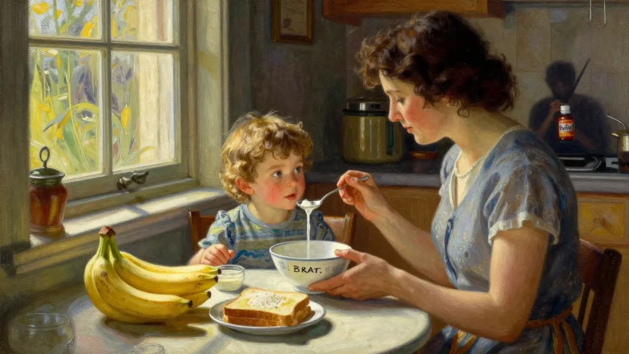 A mother feeds her child rehydration solution with BRAT foods nearby, while a dark figure fades behind.