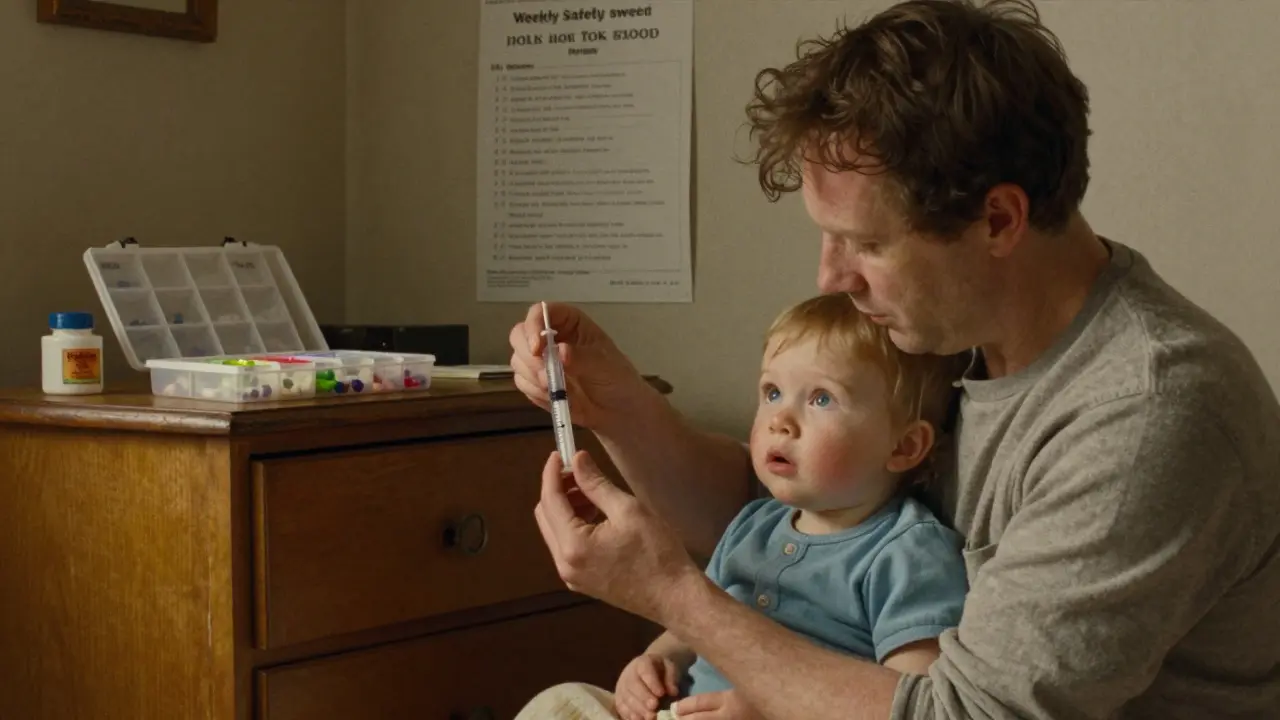 A parent teaching a child that medicine is not candy, with a locked pill organizer in the background.