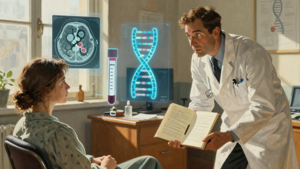 A patient shares symptoms with a doctor as medical imagery floats behind them in dramatic lighting.