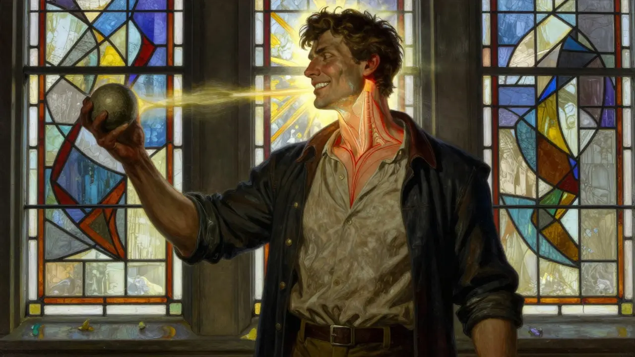 A person standing confidently as pain lines fade away, holding a therapy ball with golden energy radiating from their body.