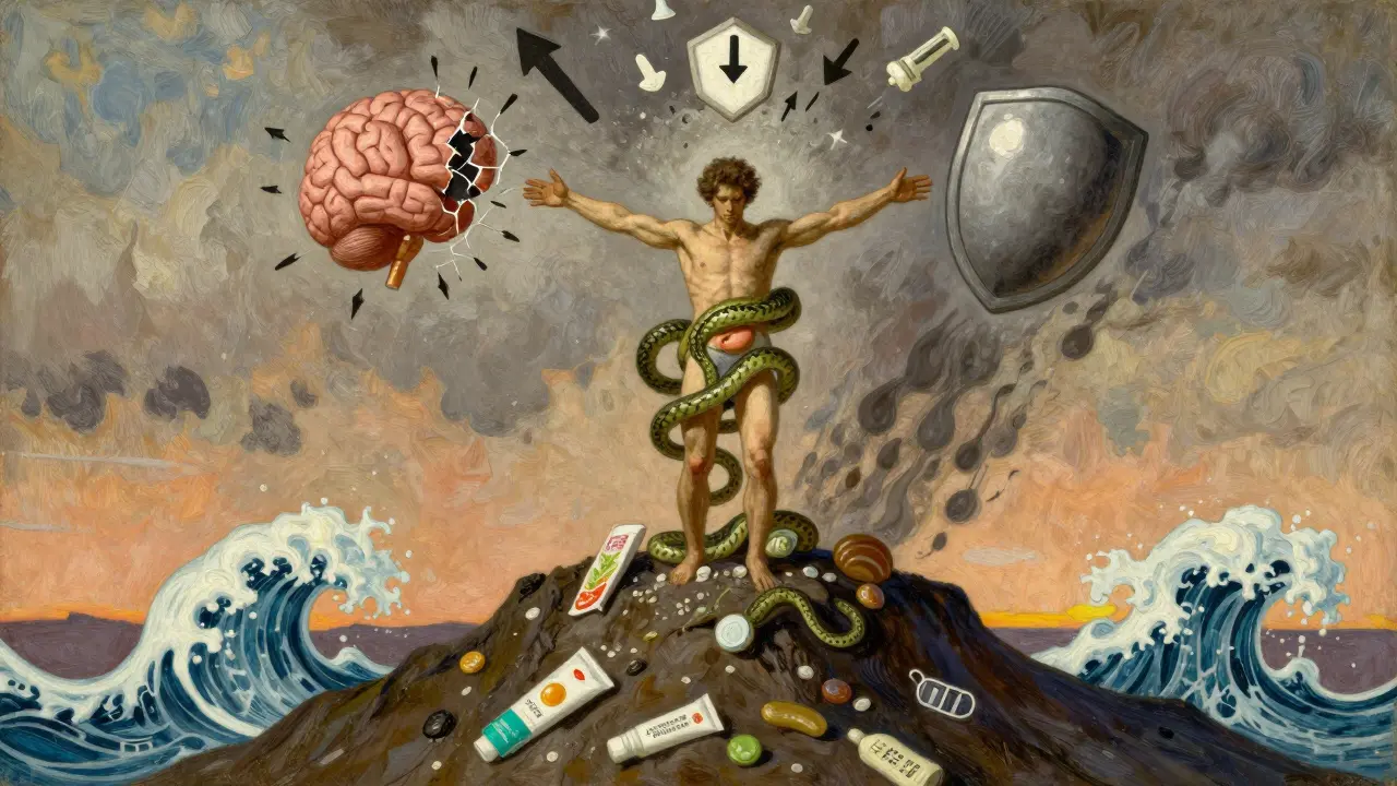 A person surrounded by swirling hormonal symbols, standing atop piles of failed diets in a storm of biological resistance.