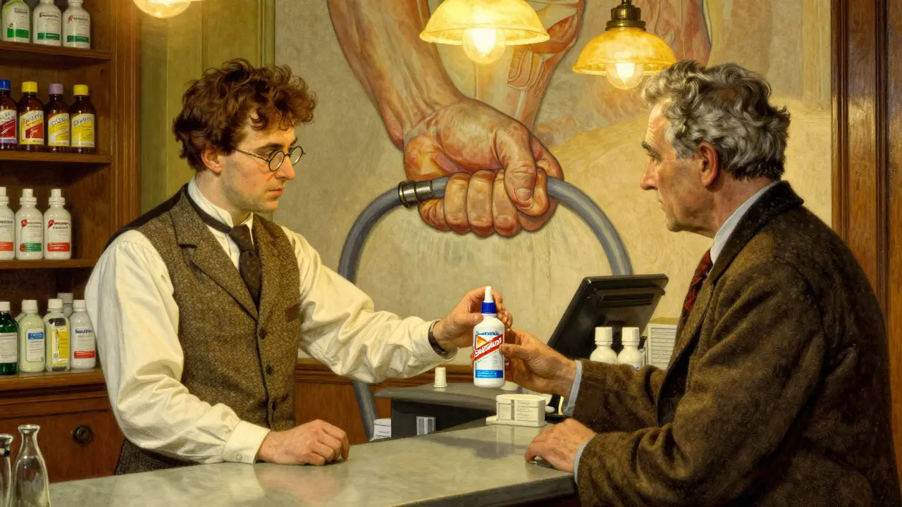 A pharmacist offers a safe nasal rinse instead of Sudafed, with a mural showing a prostate squeezing a urine stream.