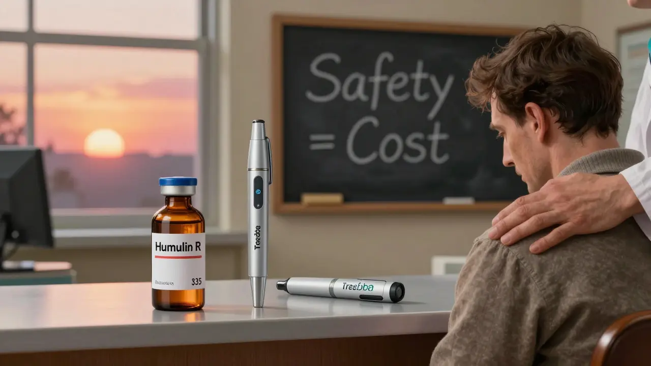 A pharmacy counter showing two insulin bottles side by side, a doctor comforting a patient, sunset outside the window.