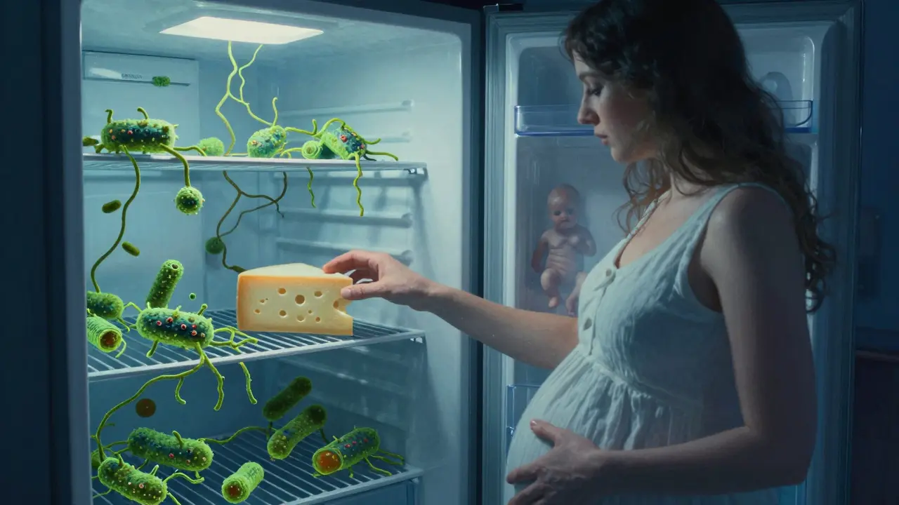 A refrigerator with listeria spreading like vines, a pregnant woman reaching for cheese.