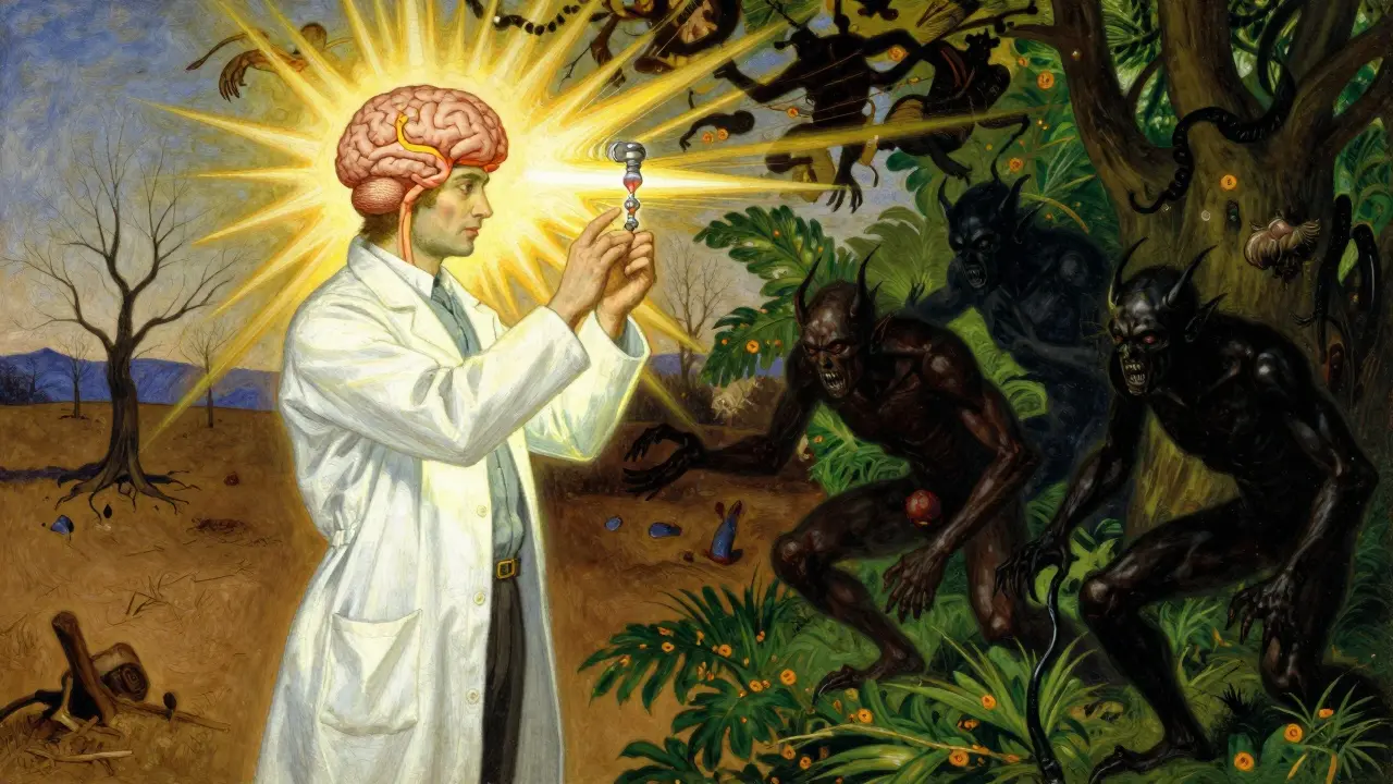A scientist activating a neural switch that banishes hunger demons, restoring balance to the brain's appetite system.