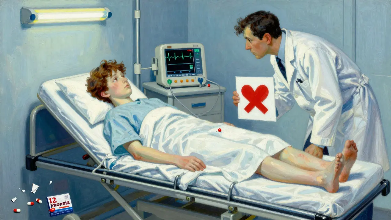 A young person on a hospital gurney with a flatlined EKG, discarded Imodium pills on the floor.