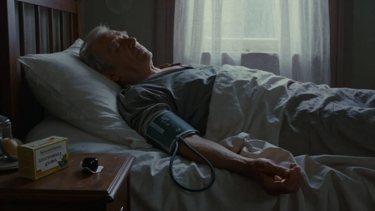 An elderly man unconscious in bed, with licorice candy and herbal tea box on the nightstand.